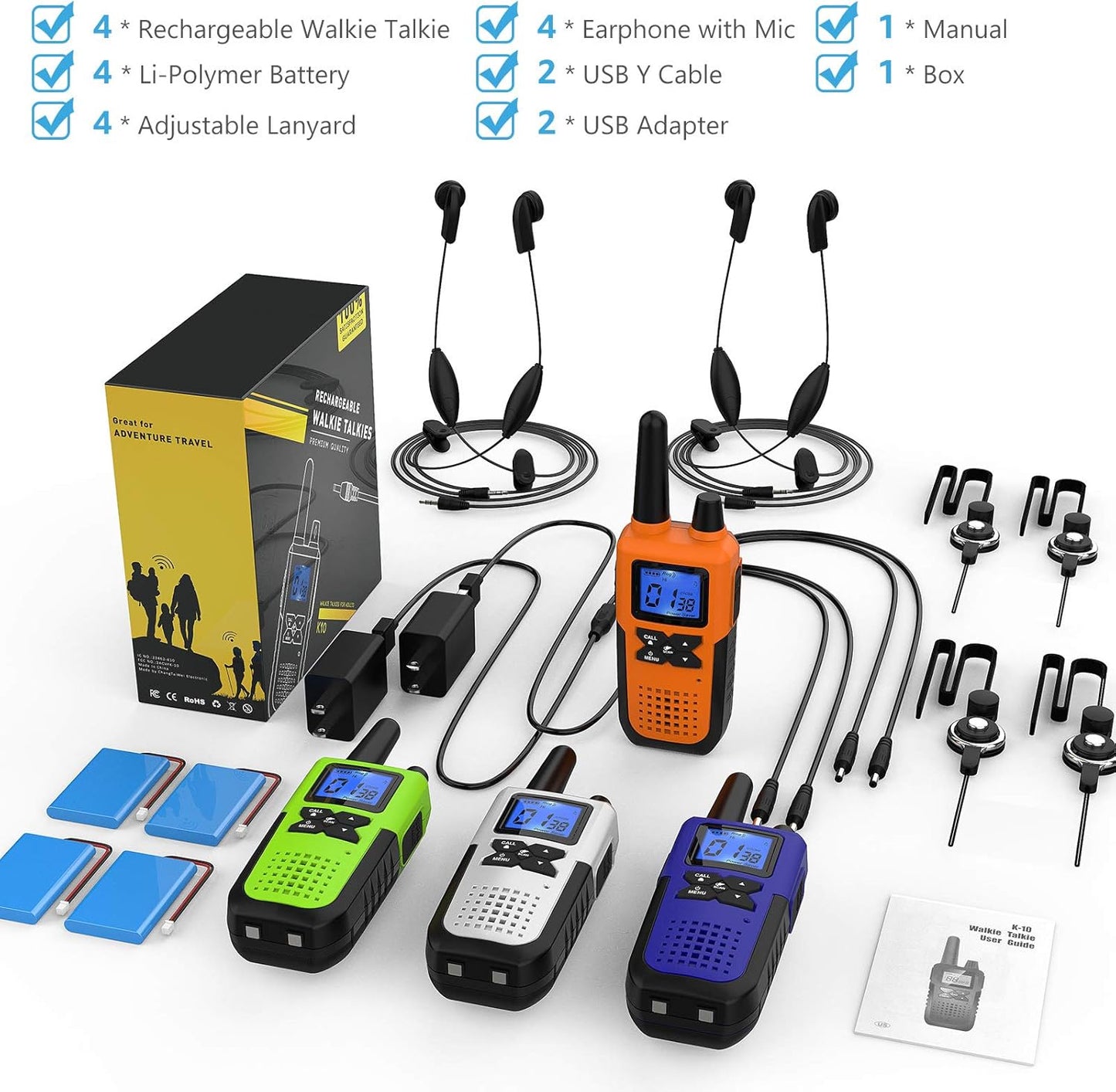 Topsung Walkie Talkies - Long Range Rechargeable 2-Way Radios with Earpiece | 4-Pack for Camping & Adventures