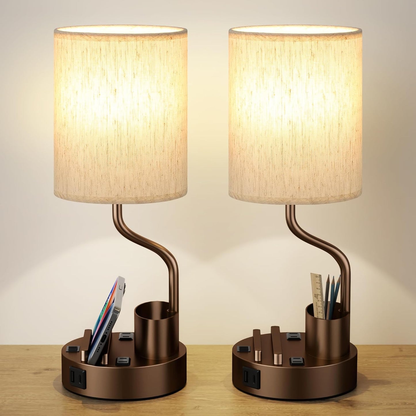 Set of 2 Bedside Table Lamps with USB & AC Outlet - 3 Color Temperatures, Desk Light & Phone Stand for Bedroom, Living Room, Office