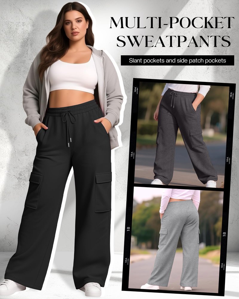 Neer 3 Pack Women's Plus Size Cargo Sweatpants Wide Leg Drawstring Bottom Pants Baggy Loose Casual Athletic Trousers(Black, Dark Gray, Light Gray,3X-Large)