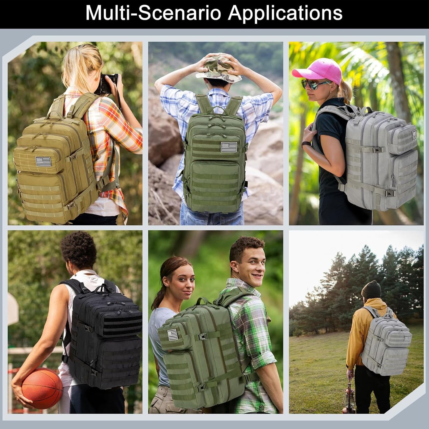 Skiennix Tactical Backpack 45L - Water Resistant MOLLE Rucksack | Durable 3-Day Bug Out Bag for Hiking & Travel (Grey)