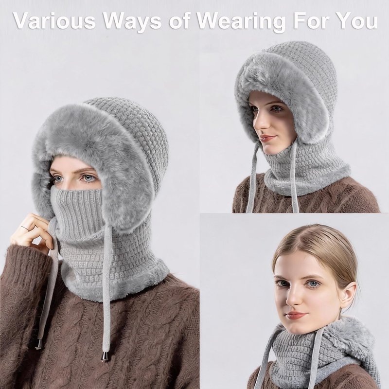 3 in 1 Beanie Hat with Scarf and Mask for Women, Winter Ski Mask & Neck Gaiter Set, Knitted Balaclava Hats for Cold Weather Gray