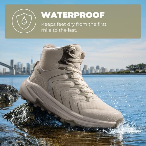 NORTIV 8 Women's Hiking Boots Waterproof with Arch Support Sneakers Walking Outdoor Comfortable Lightweight Boot Echo Mid,Size 8.5,Khaki,NWUMHB2502
