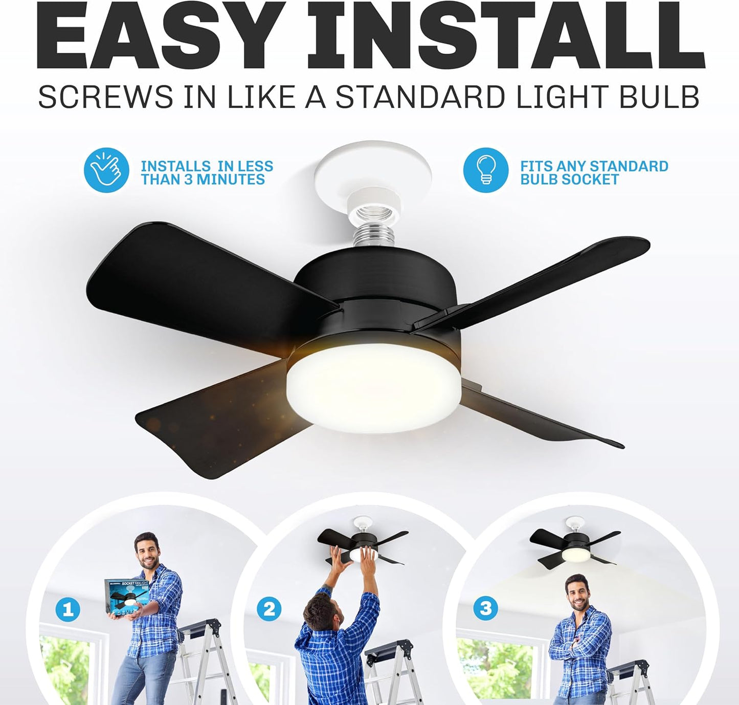 Socket Breeze Ceiling Fan with Light & Remote - Portable 3500K 1000 Lumens E26/E27