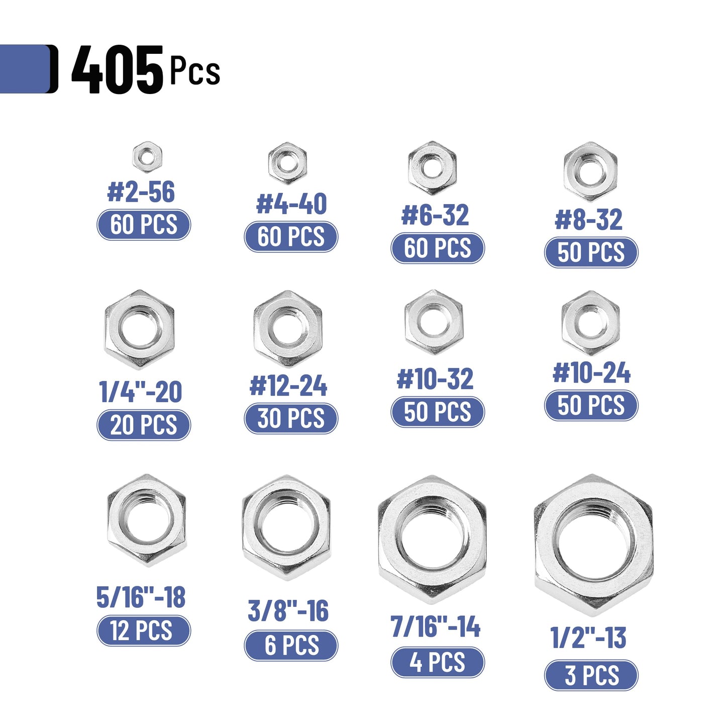 Mr. Pen 405 pc Stainless Steel Hex Nut Assortment, 1/4-20, 3/8, 5/16, 10-32, 5/16-18, 6-32