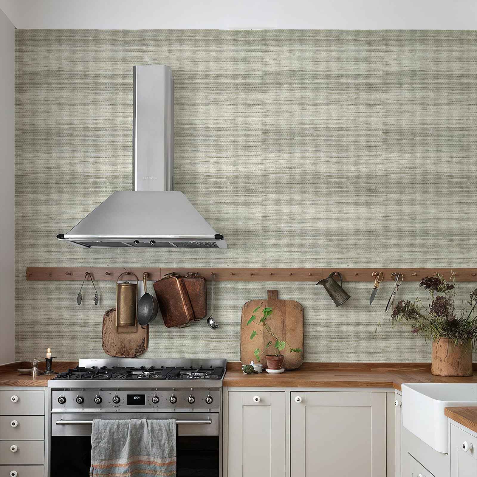 HueBurst Grasscloth Peel and Stick Wallpaper 17.3" x 197" Renter Friendly, Cream Textured Grassweave Wallpaper Self Adhesive Removable for Bathroom Bedroom