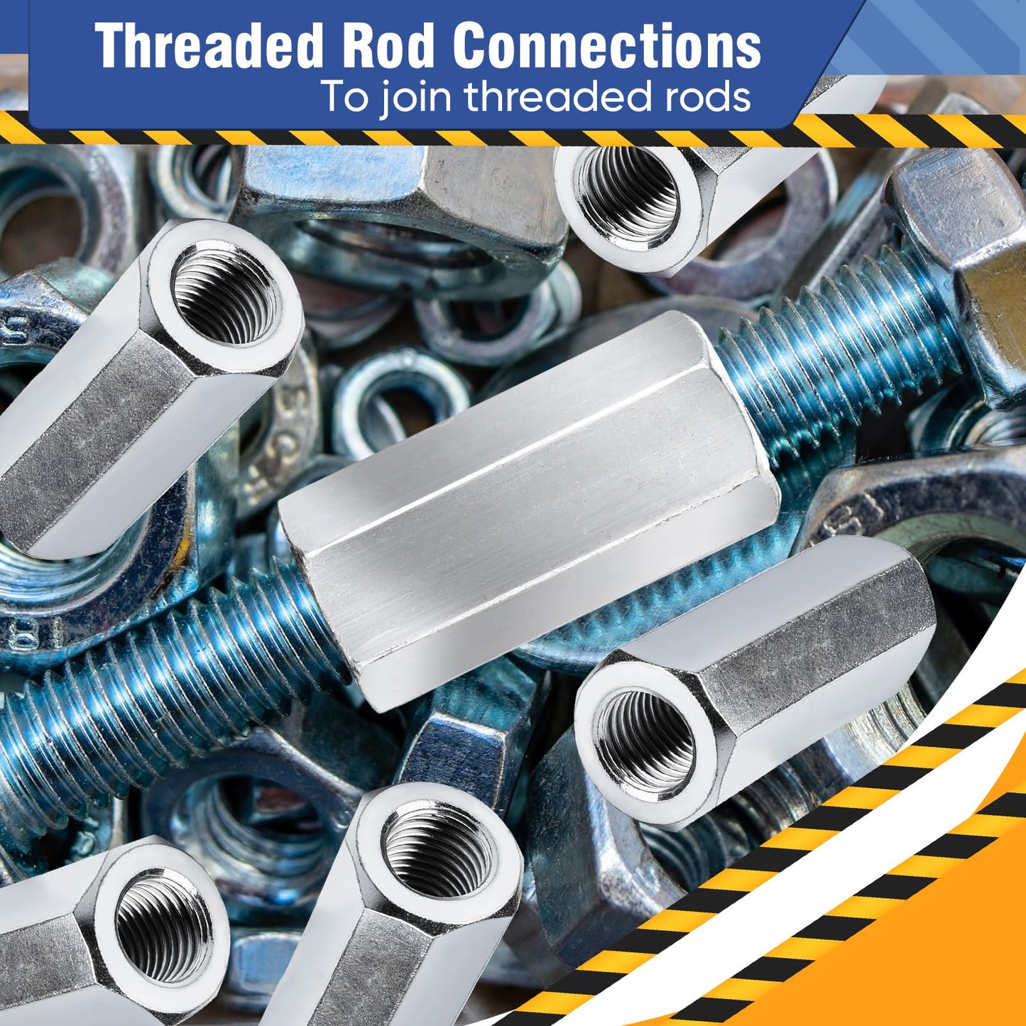 Hicarer 5 Pcs 014973322175 Coupling Nuts 3/8-24 x 1-1/8" Hex Coupling Nut with Zinc Plate Threaded Rod Connector