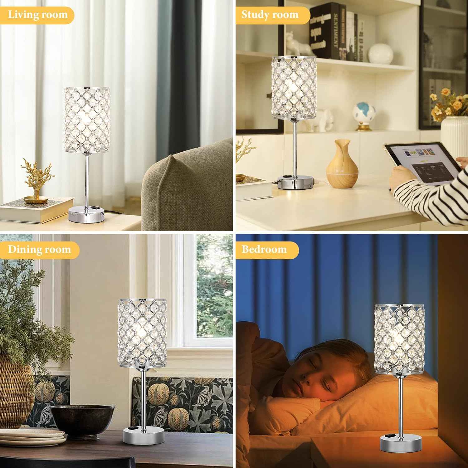 Dimmable Touch Control Crystal Table Lamp Set of 2 with USB-C & AC Ports - Elegant Nightstand Lighting for Bedroom & Living Room