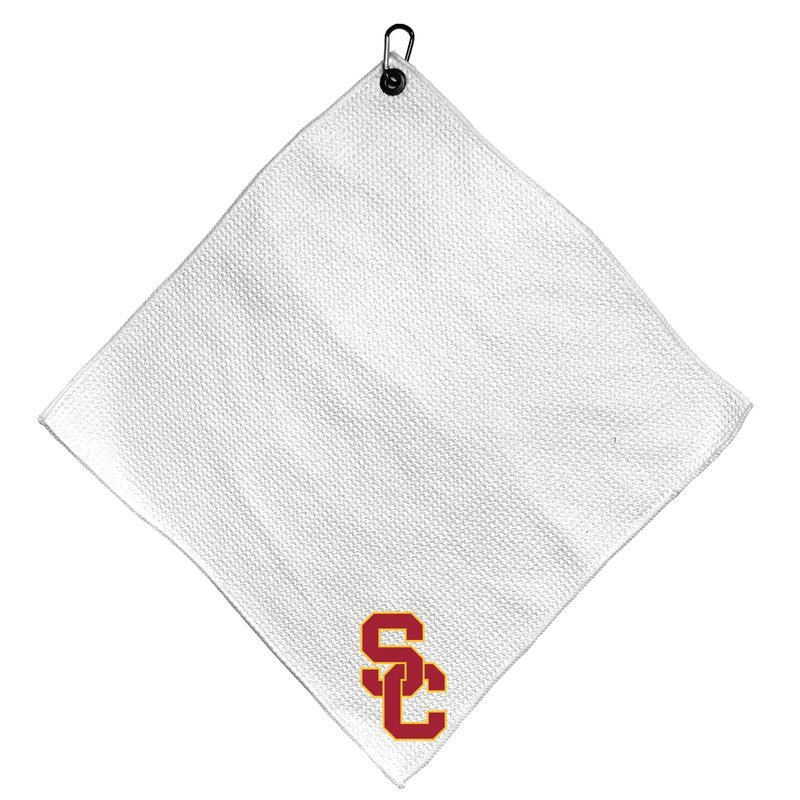 Team Golf NCAA Southern California Microfiber Towel - 15" X 15" (White) with Carabiner Clip, Premium Microfiber with Deep Waffle Pockets - Superior Water Absorption and Quick Dry Golf Cleaning Towel