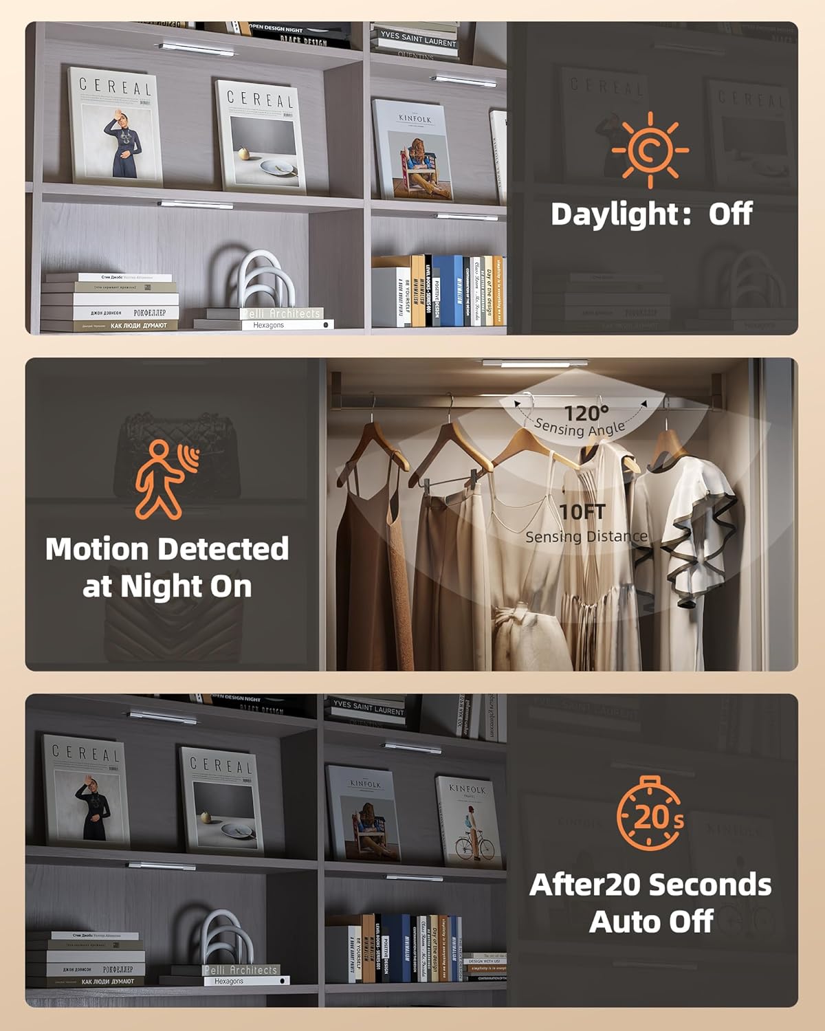 Rechargeable LED Under Cabinet Lighting - 6 Pack Motion Sensor Lights with Charging Station, 3 Color Dimmable for Kitchen & Stair