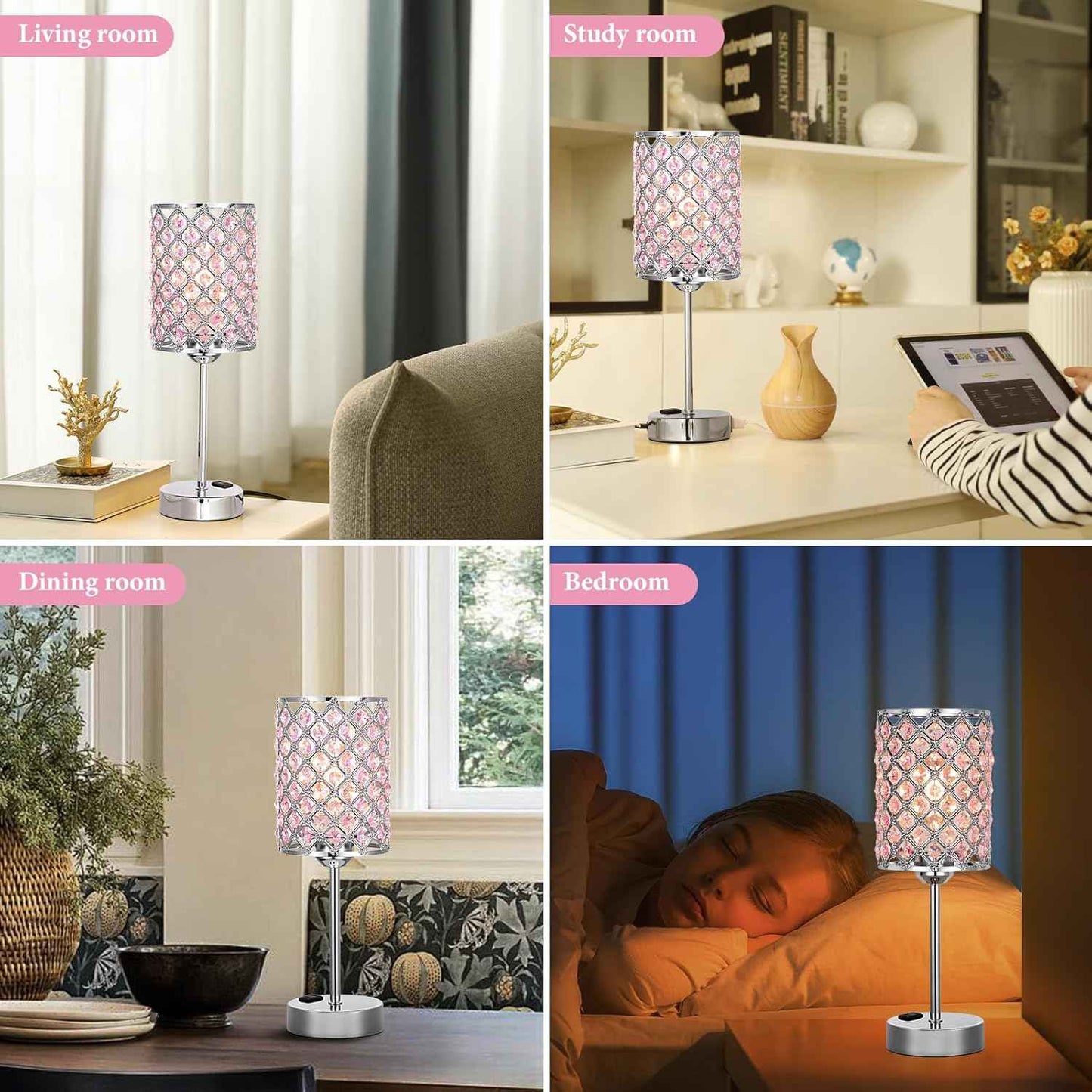 Dimmable Touch Control Crystal Table Lamp Set of 2 with USB-C & AC Ports - Elegant Nightstand Lighting for Bedroom & Living Room