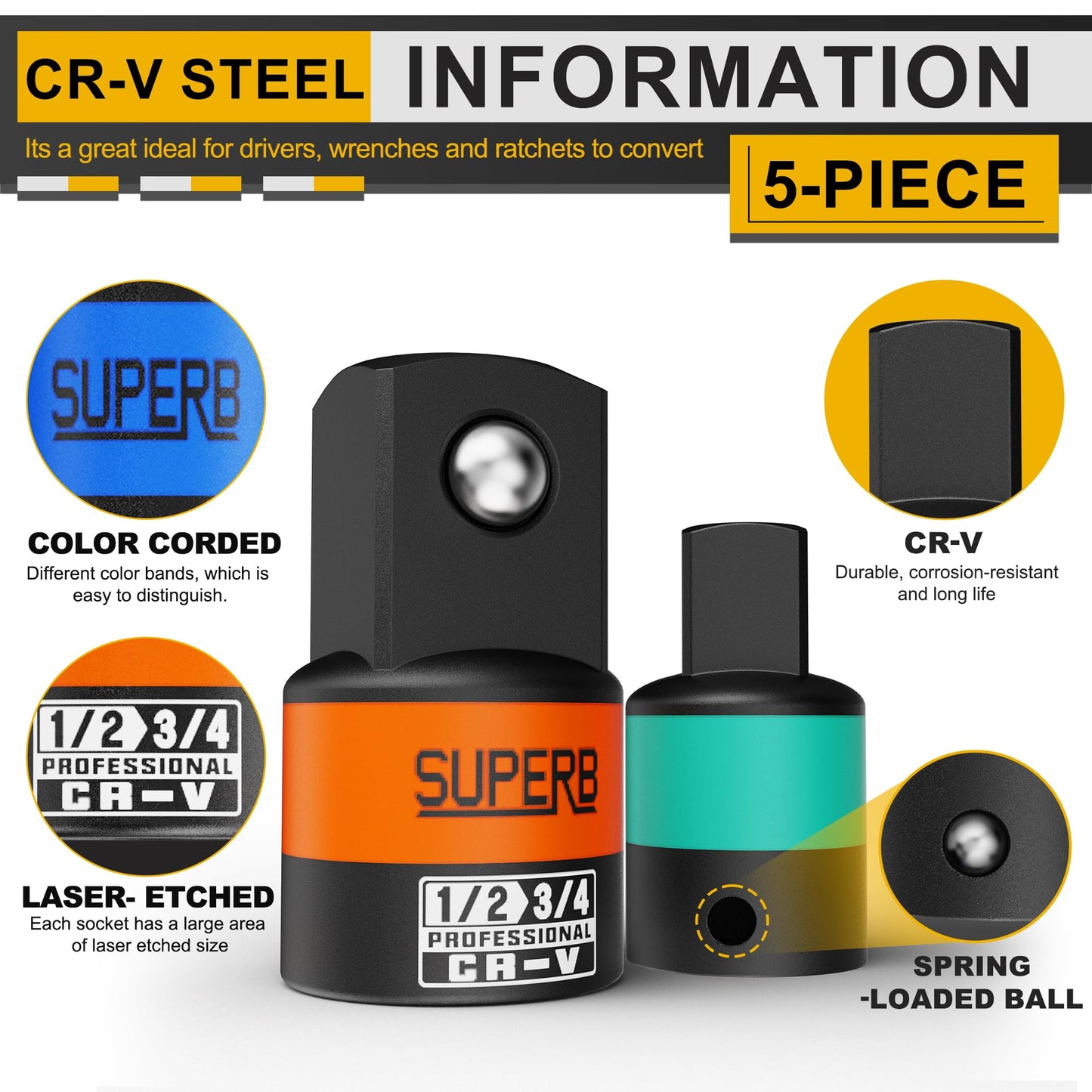 Aiourx 5-Piece Impact Socket Adapter Set, 1/4", 3/8", 1/2" Socket Converter&Reducer, Cr-V Steel, Impact Driver & Wrench Conversion Kit, for Automotive Maintenance and Construction Engineering