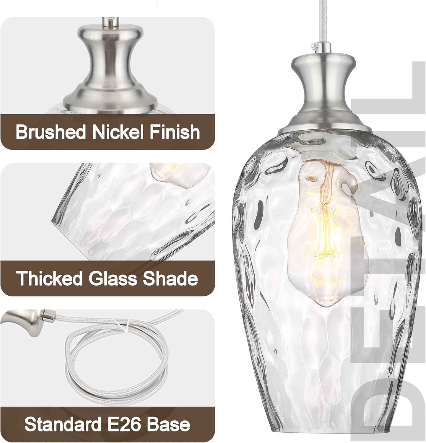 Brushed Nickel Glass Pendant Light Fixture - Modern 1-Light Hanging Lamp for Kitchen Island & Dining Room