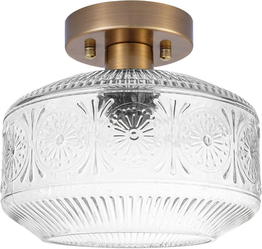 Vintage Semi Flush Mount Ceiling Light Fixture - Brass & Thickened Glass for Hallway, Entryway, Bedroom, Bathroom