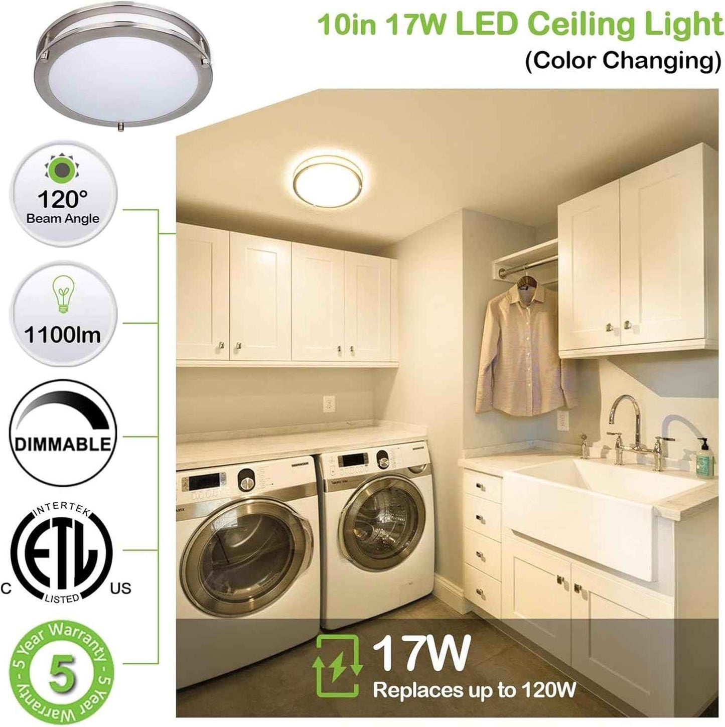 Adjustable 13-Inch Gold LED Flush Mount Ceiling Light Fixture - Dimmable 2700K-5000K for Hallway, Bathroom & Kitchen (2-Pack)
