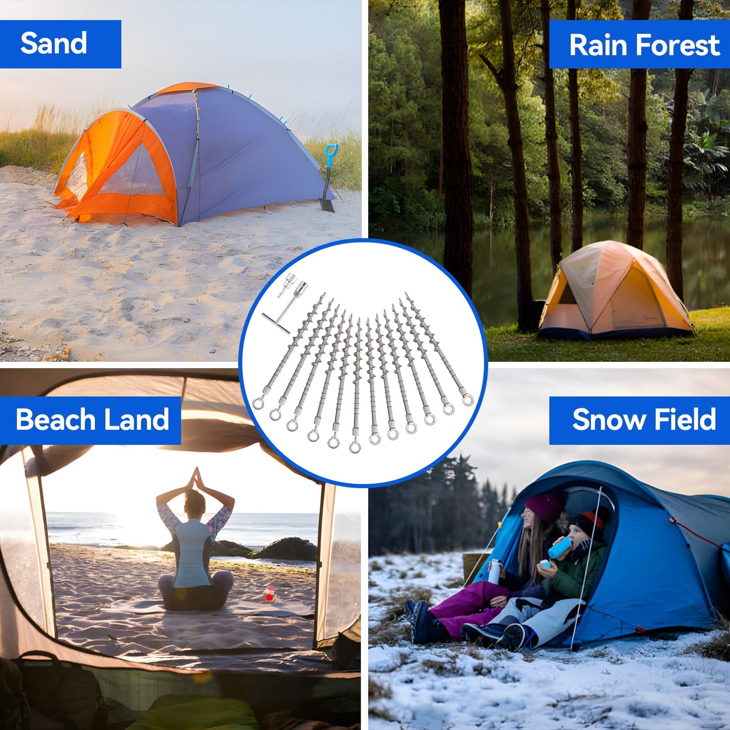 Keltrion 12 Pcs 14" Ground Anchors Screw in Spikes Non-Rust Cast Aluminum Detachable Tent Stakes for Camping Tents, Garden, Sand, Trampoline, Swing Sets and Sheds