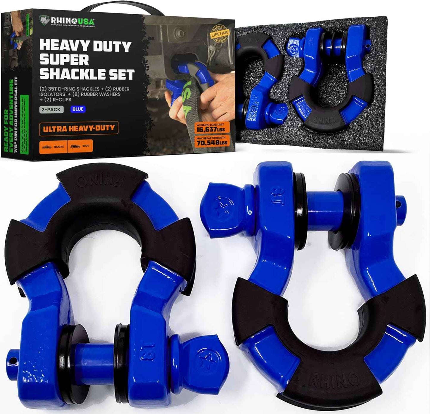 Heavy-Duty Rhino USA Super D Ring Shackles 2-Pack - 70,548lb Break Strength for Towing & Off-Road Recovery (Red)