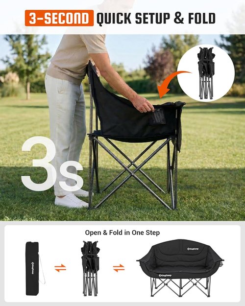 KingCamp Double Camping Chair - Oversized Heavy Duty 660lbs Loveseat for Adults | Portable Folding XL Couch with Cup Holder - Black