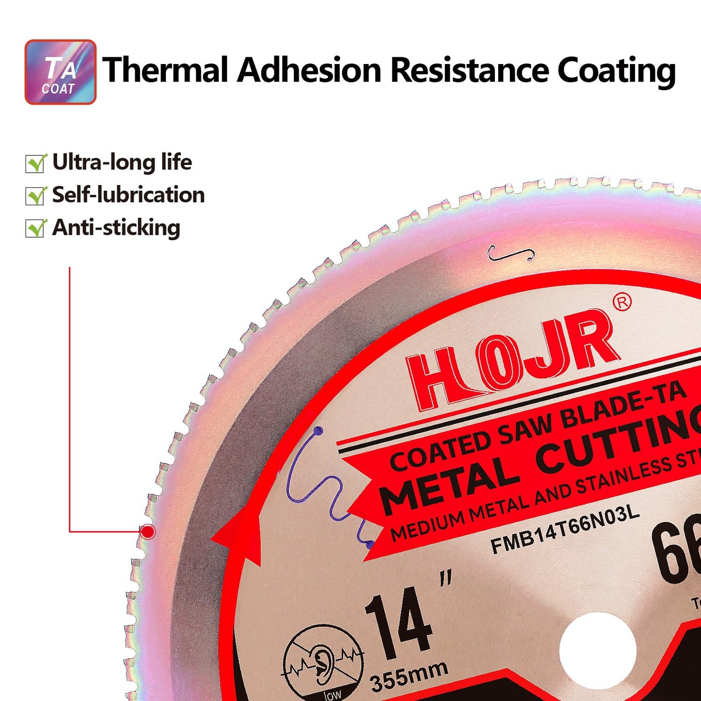 HOJR Metal Cutting Circular Saw Blade, Steel and Stainless Steel Cutting, The Cutting Head uses a Special Anti-Heat Sticking Coating with high Finish and Long Life,FMB 14 inch 66-Tooth 1" -TA