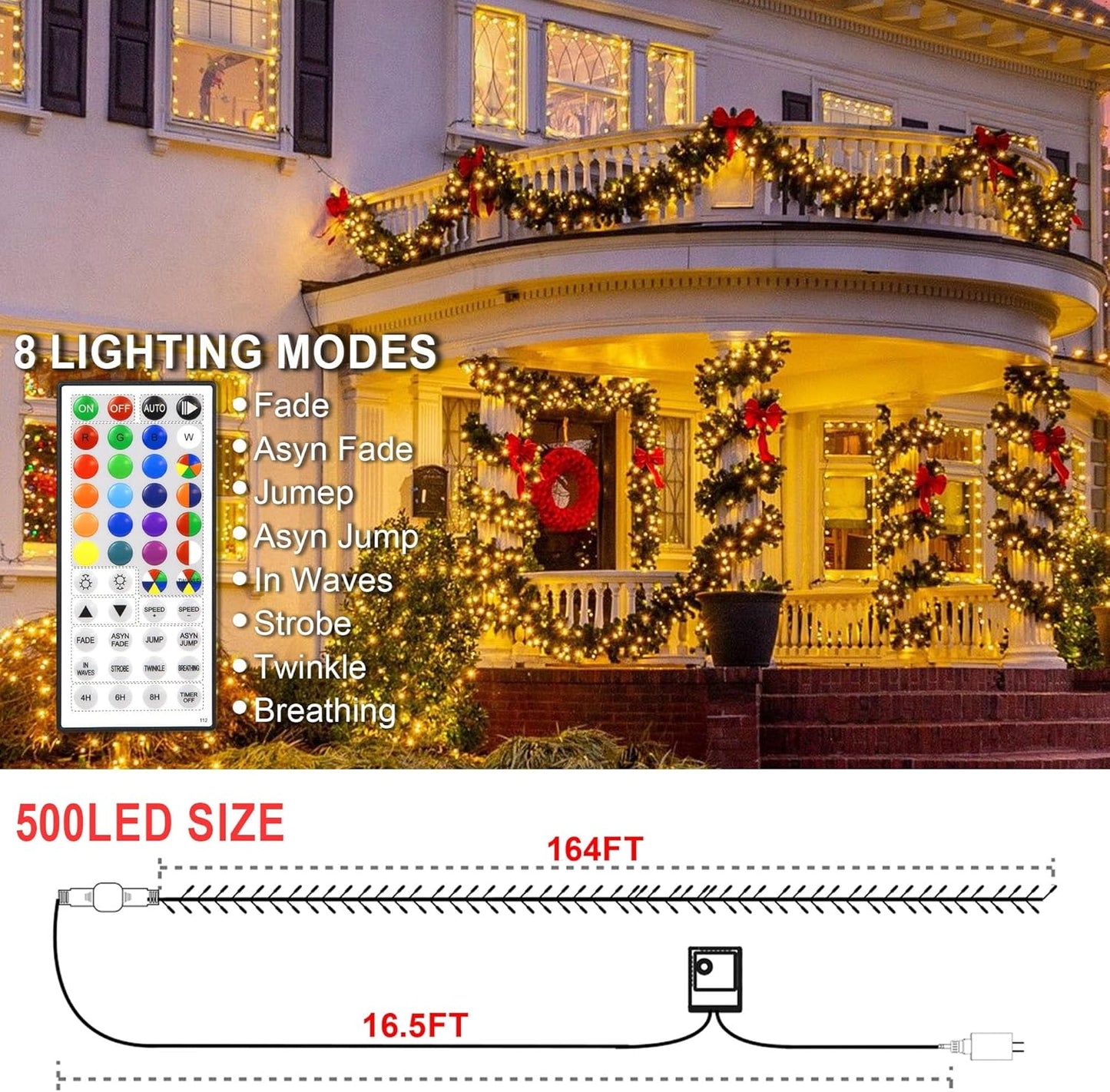 500 LED Christmas String Lights - 164 FT Waterproof RGB Fairy Lights with Remote & Timer for Indoor/Outdoor Holiday Decor