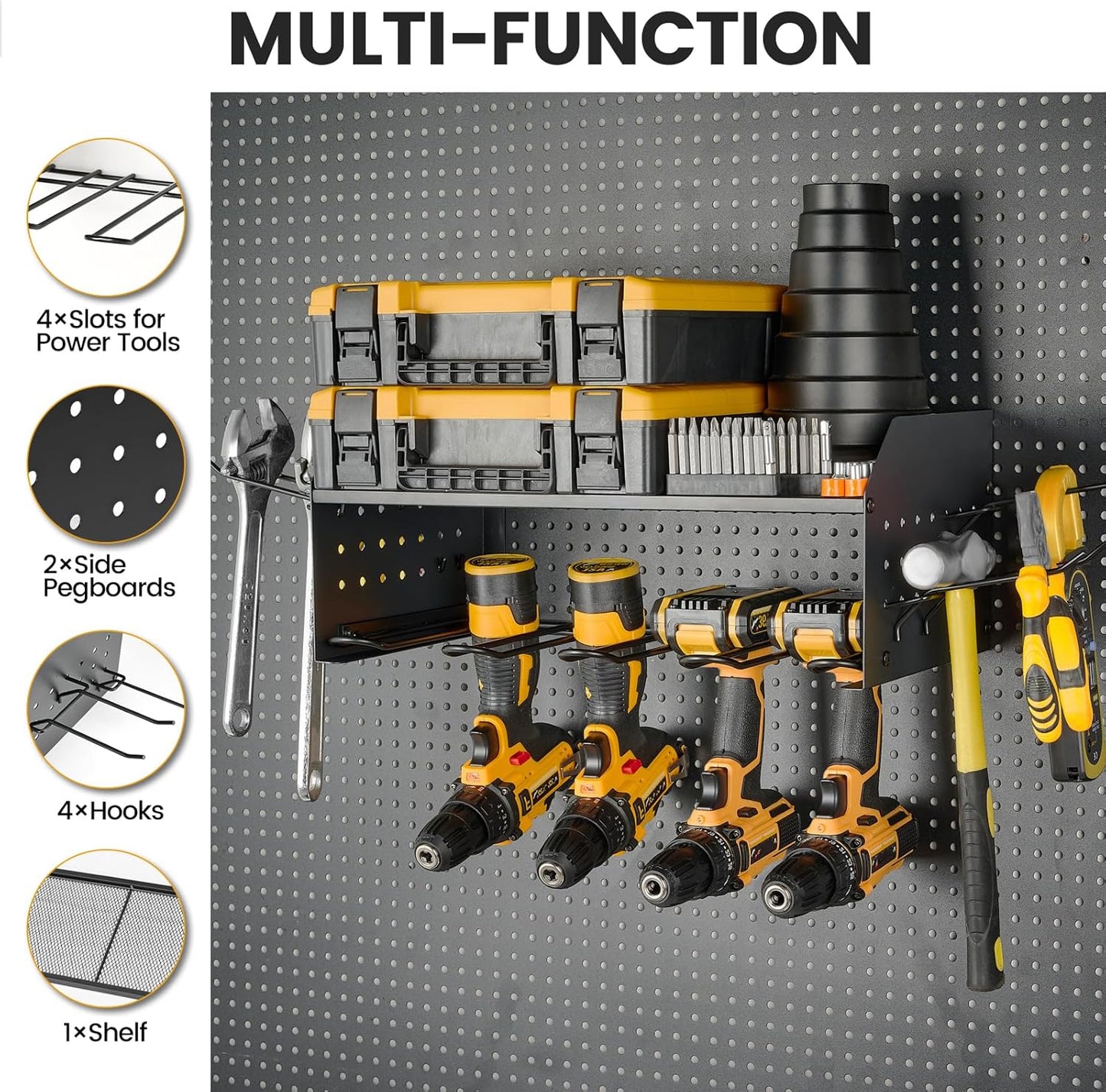 Power Tool Organizer Wall Mount - 3-Layer Charging Station with 8 Outlets & 6 Drill Holders - Efficient Garage Storage Solution (Black)