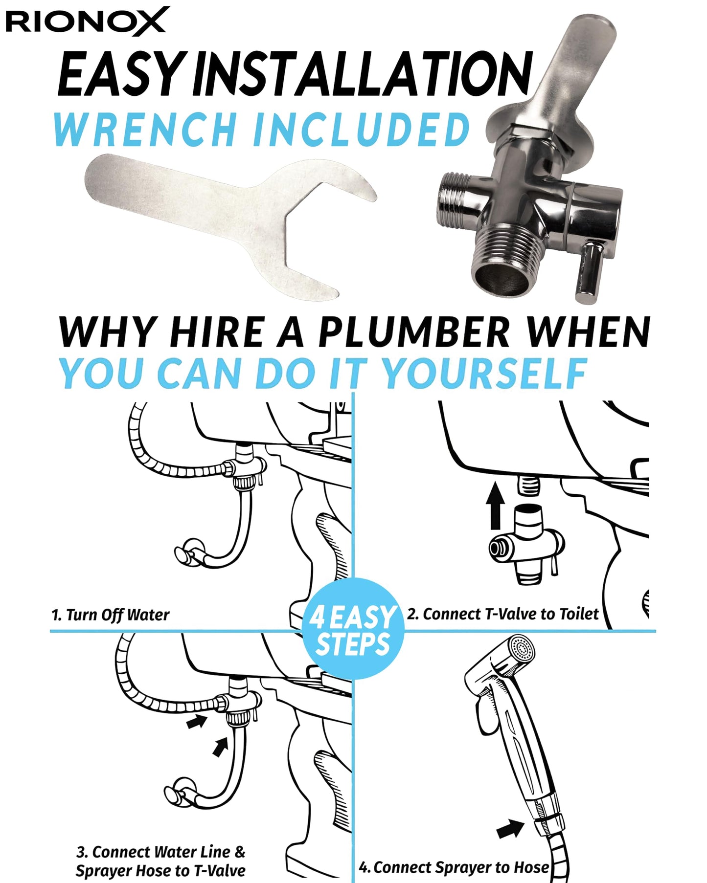 Rionox Handheld Bidet Sprayer Kit - Adjustable Water Pressure Jet for Toilet, Bidet for Toilet, Easy Installation, Quality Stainless Steel, Durable Internals, Leakproof Design (Brushed Nickel)