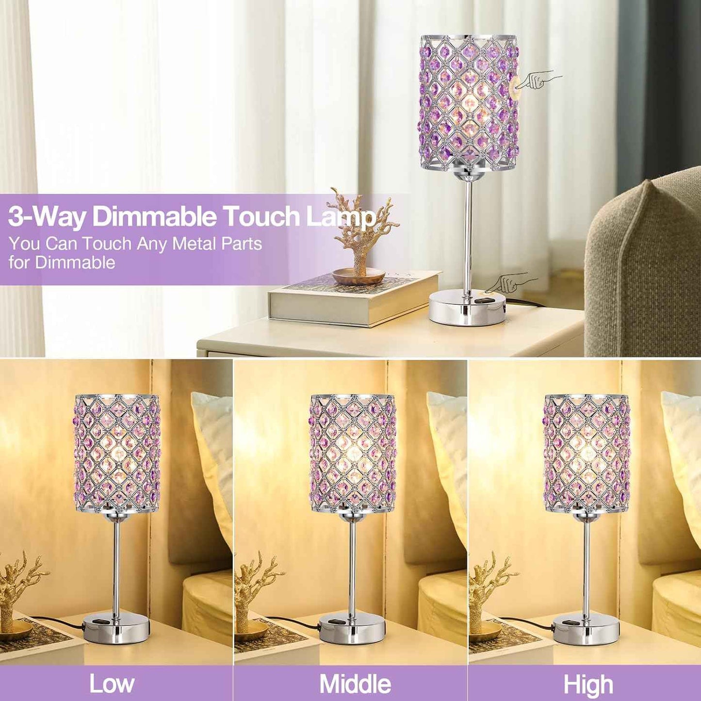 Dimmable Touch Control Crystal Table Lamp Set of 2 with USB-C & AC Ports - Elegant Nightstand Lighting for Bedroom & Living Room