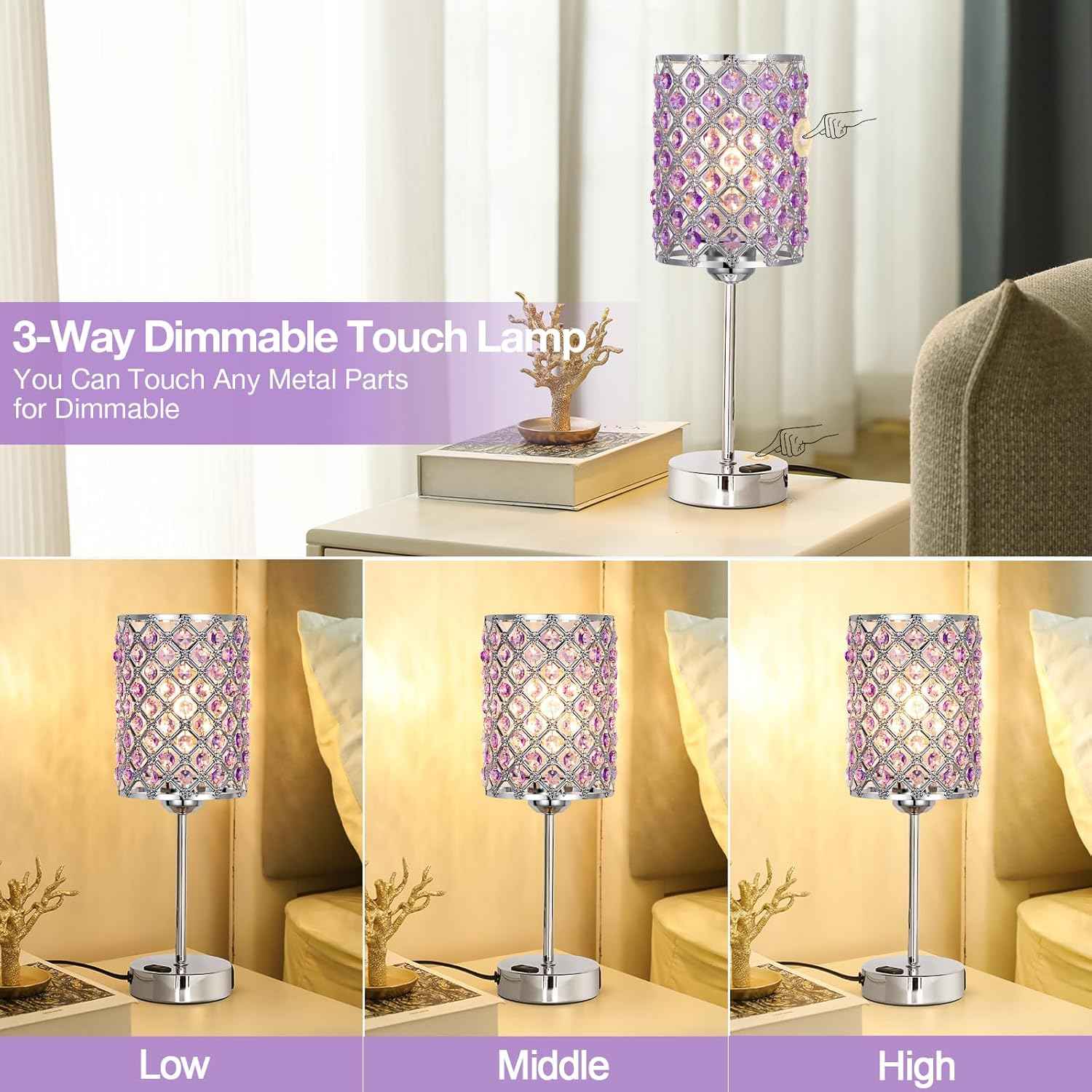 Dimmable Touch Control Crystal Table Lamp Set of 2 with USB-C & AC Ports - Elegant Nightstand Lighting for Bedroom & Living Room