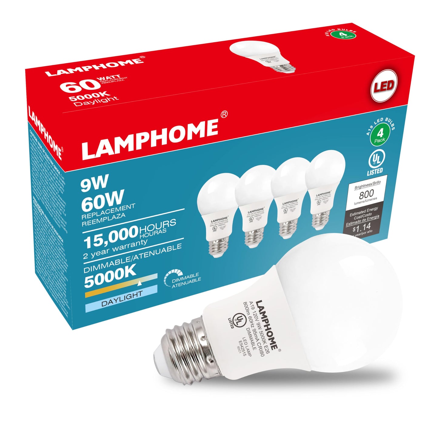 LAMPHOME 4-Pack Daylight White LED Bulbs - Brighten Your Bedroom & Living Room, 60W Equivalent, 5000K, 9W, 15000-Hour Life, E26 Base