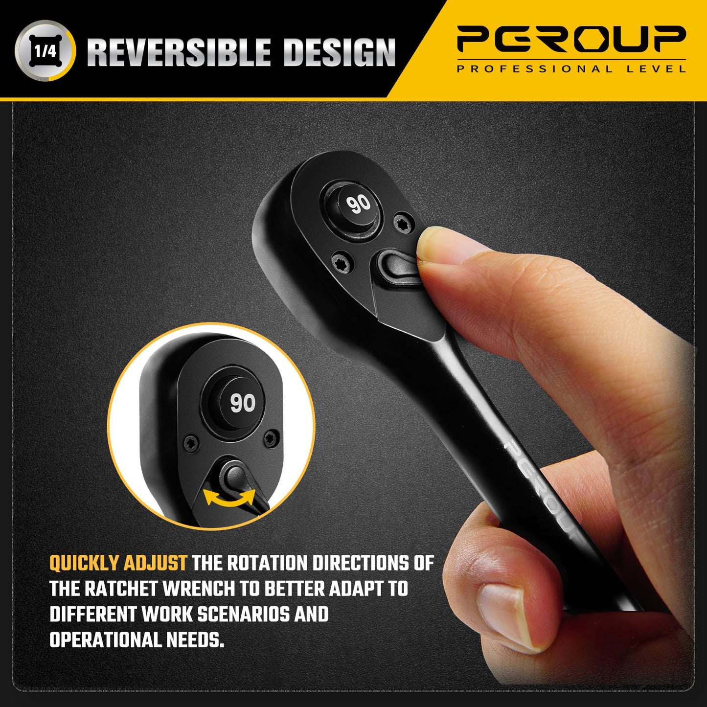 pgroup 1/4-Inch Drive Ratchet Wrench, 90 Tooth Reversible Ratchet, 4-Degree Swing, Ergonomic Handle, Chrome Alloy Made, Quick Release Ratchet Wrench for Repairing, Home, DIY