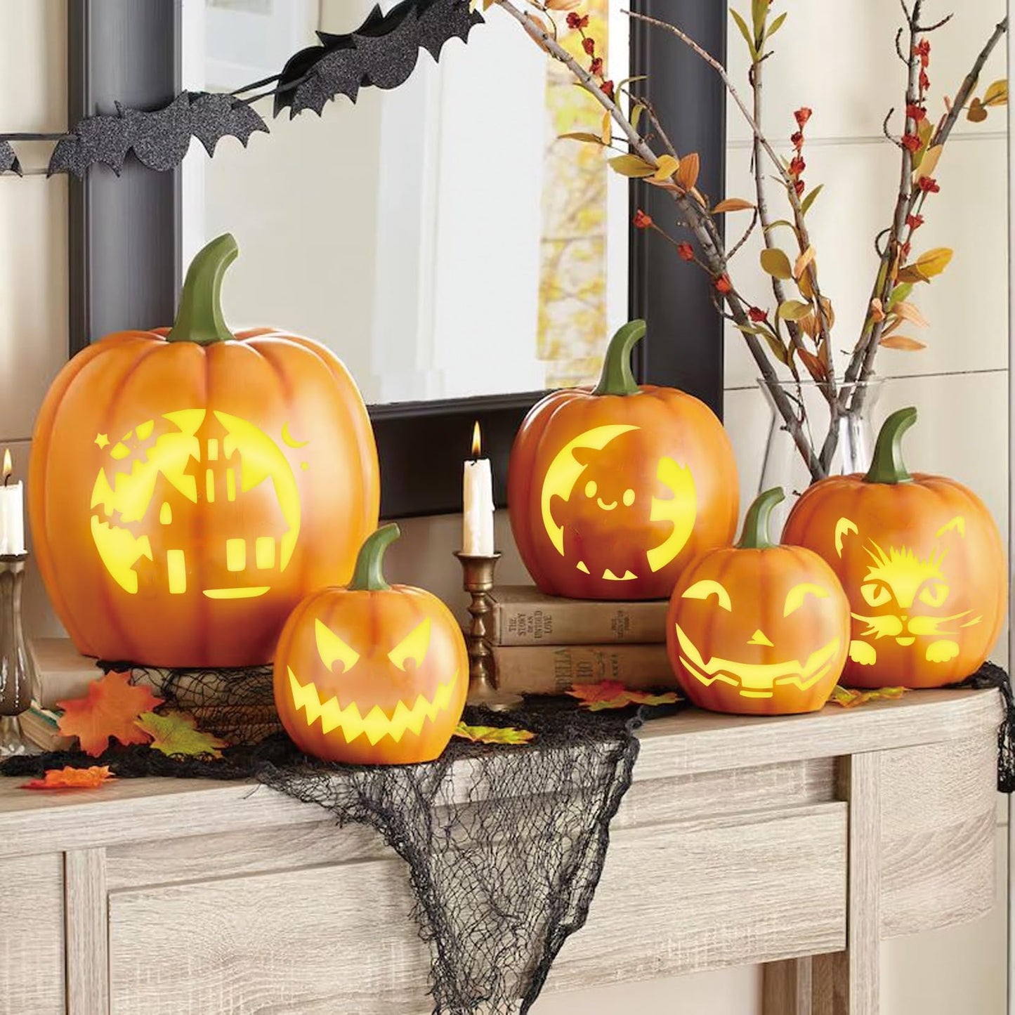 Halloween Pumpkin Stencils for Painting Pumpkins Reusable Ghost Face Paint Templates on Wood Glass Crafts Cookie Baking Door Hanger Sign Decorating (face36)