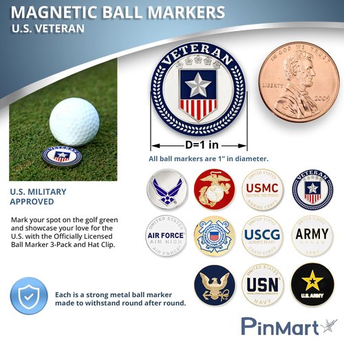 PinMart Officially Licensed United States Navy Veteran 3 Pack Magnetic Ball Markers and Hat Clip - Golf Accessories for Men and Women - Ball Markers and Hat Clip with Magnet for Golf Hats – 1 Piece