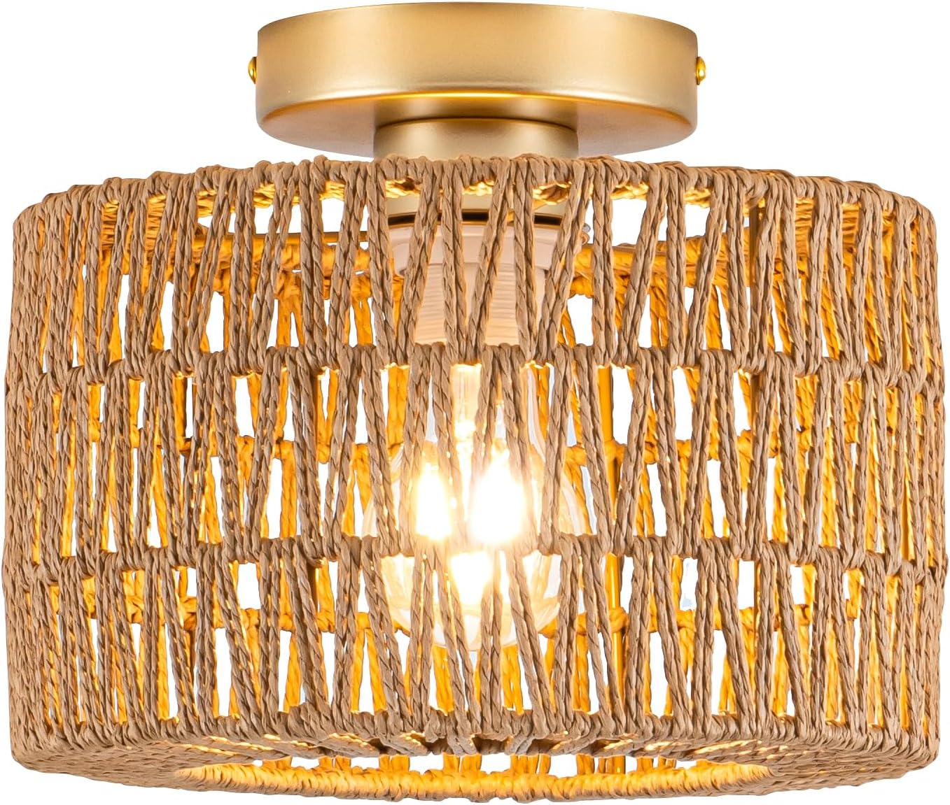 Bohemian Rattan Ceiling Light Fixture - 3-Light Woven Flush Mount for Bedroom & Living Room