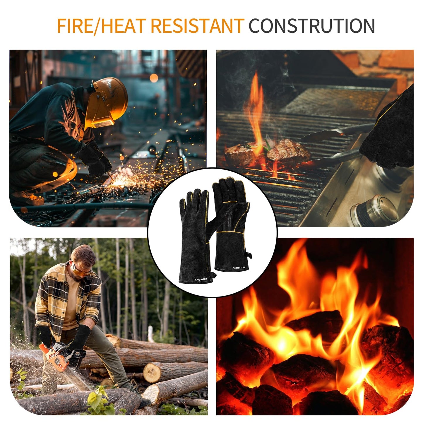 Cxqunzon Leather Welding Gloves - Thick Premium Cow Split Leather, Heat & Fire Resistant, Soft Cotton Lined Interior for TIG/MIG Welding, Grilling, BBQ & Fireplace (Black)