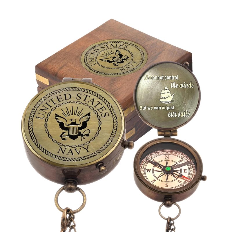 US Navy Military Gifts for Men Women - Personalized Retirement Compass for Son Mom Dad Family - Engraved United States Navy Gift (Navy with Wooden Box)