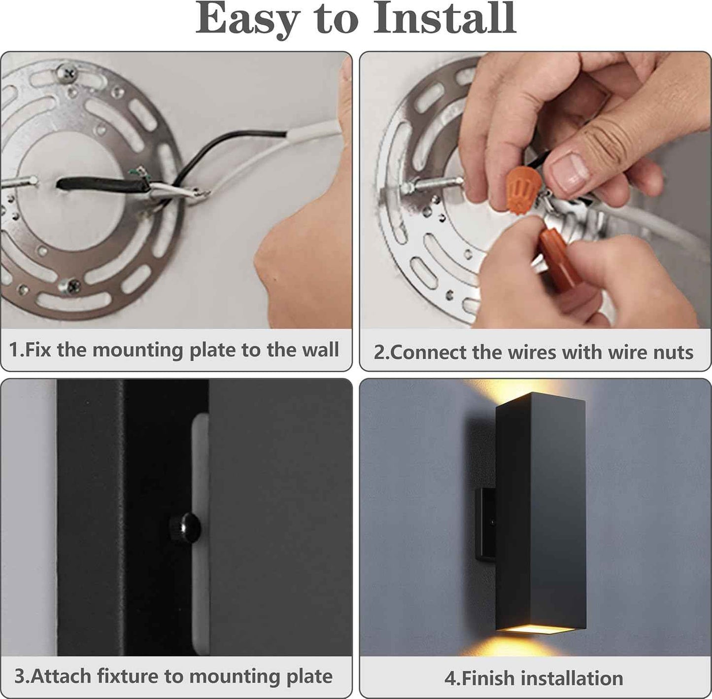 Modern Outdoor Wall Lights - Dusk to Dawn Square Matte Black Sconce with Bulbs, Aluminum Anti-Rust Up & Down Lighting for Porch & Garage