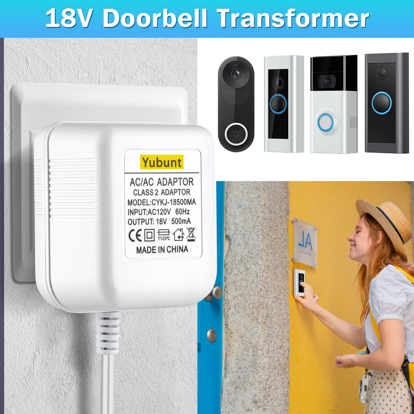 18V 500mA Doorbell Transformer, Video Doorbell Power Adapter Compatible with Nest, Wyze, Eufy, Ring, and Arlo Wireless Video Doorbells. White-1Pcs (19.6Ft Power Cord)