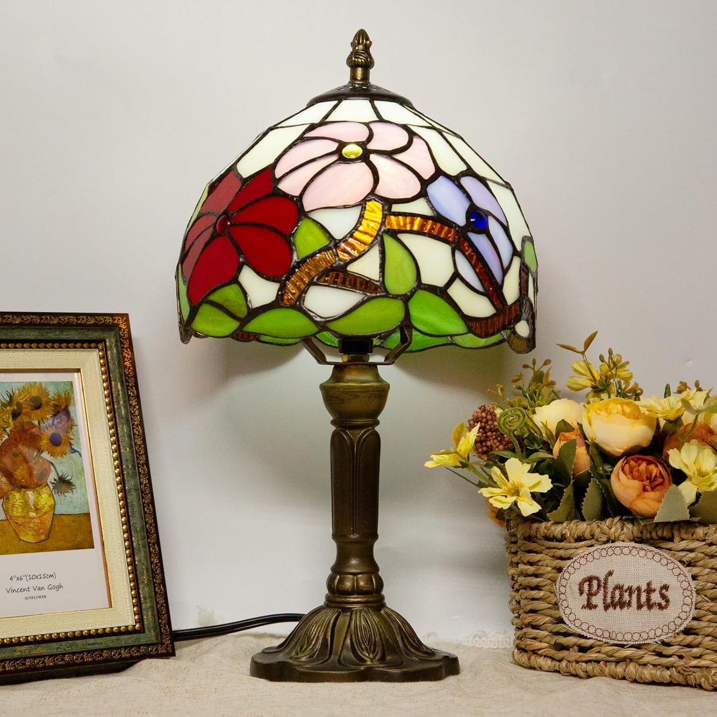Tiffany Table Lamp - 8 Inch Antique Stained Glass, 3 Color Temperatures, Handcrafted for Bedroom & Living Room