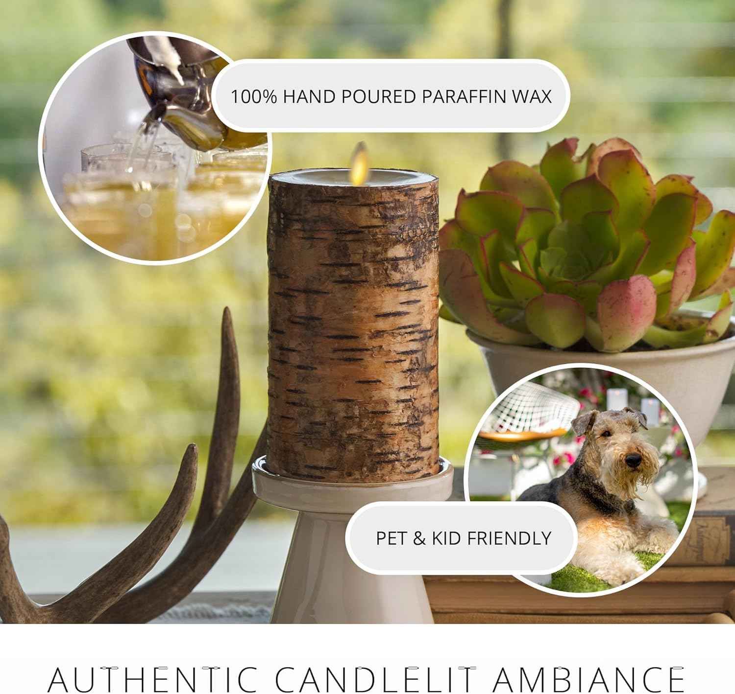 Realistic Moving Flame LED Pillar Candle with Birch Bark - Battery Operated, Remote Ready, 4x7