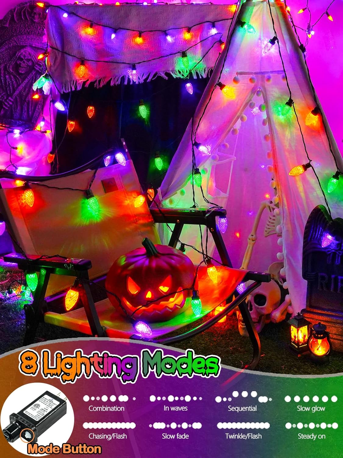 100 LED C9 Halloween String Lights - 66FT Waterproof Twinkle Lights with 8 Modes & Timer for Indoor/Outdoor Decor (Orange, Purple, Green) - 2-Pack