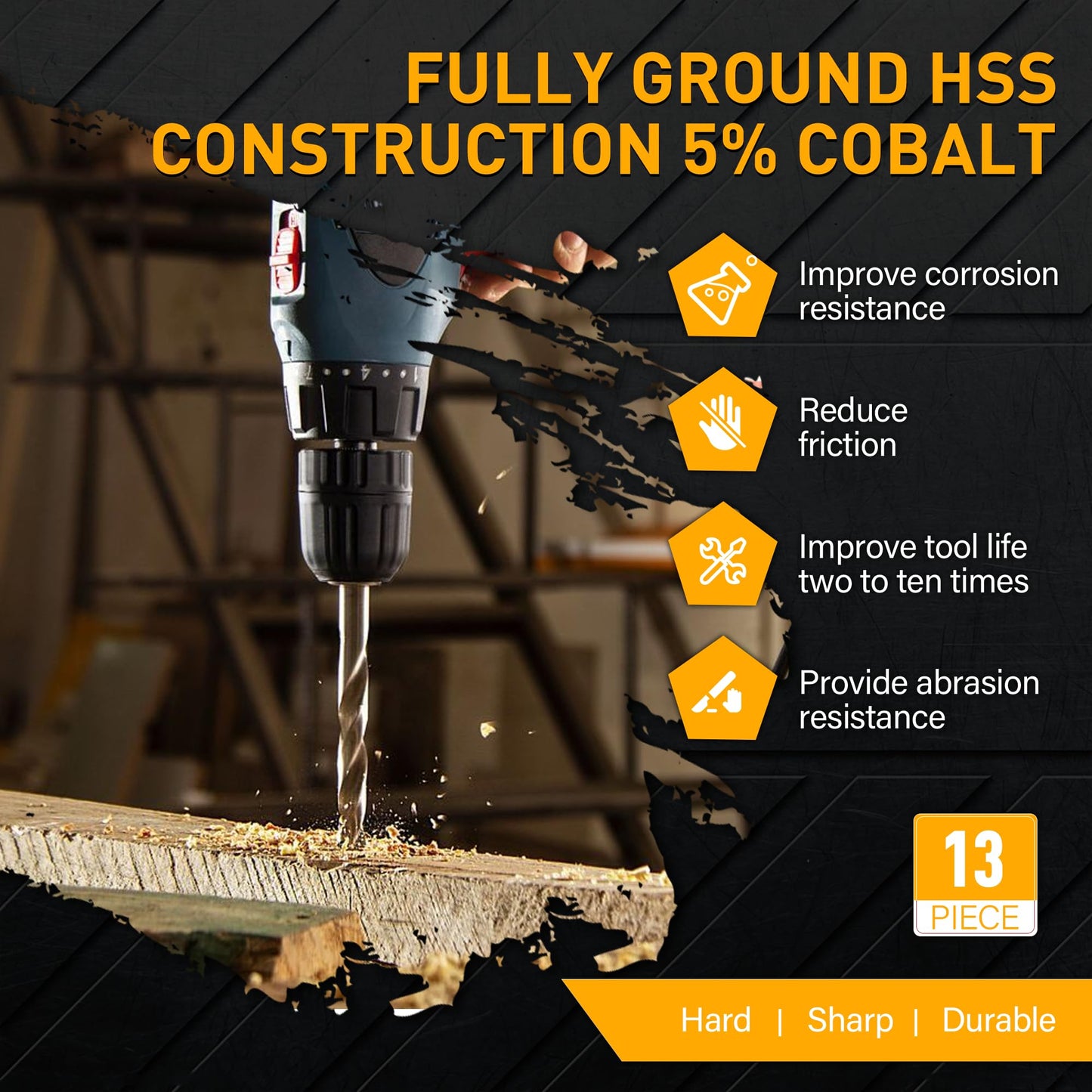 ROGAPER 13Pcs Cobalt Drill Bit Set, M35 HSS Jobber Length Drill Bit for Hardened Metal, Cast Iron, Stainless Steel, Plastic, and Wood, 1/16" - 1/4"