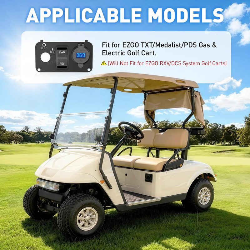 FIXHAWK Golf Cart Key Switch Console Plate Panel Fit for EZGO TXT,Medalist,PDS Electric Golf Cart, with Forward Reverse Switch,DC Fast Charging Dual USB Charger Socket and LED Digital Voltmeter