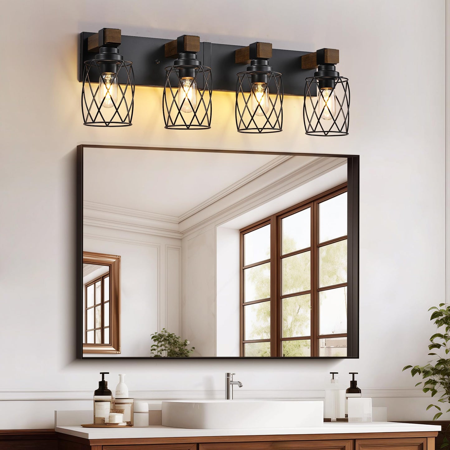 XvmBvm Farmhouse Bathroom Vanity Light, 4-Light Wood Bathroom Light Fixtures Over Mirror, Black Industrial Vanity Lights with Metal Shade, Rustic Bathrooms Lighting for Living Room, Bedrooms, Hallway
