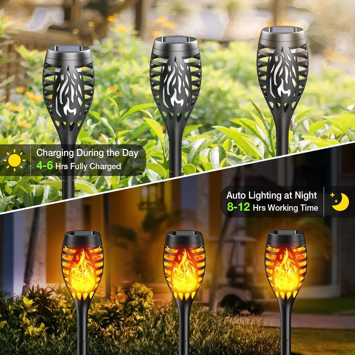 10 Pack Solar Torch Lights - Waterproof Flickering Flame Garden Lights for Outdoor Halloween Decor