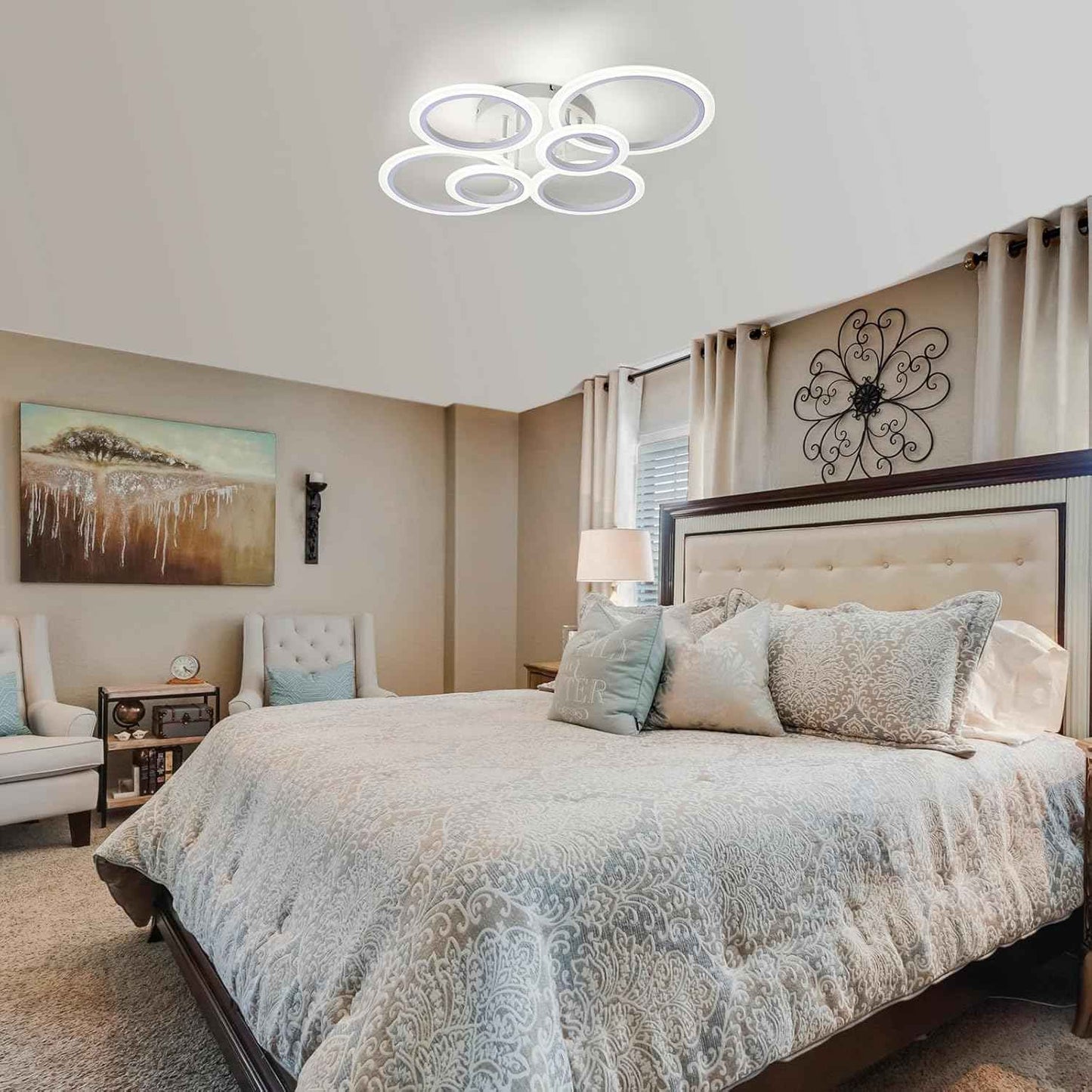 Modern LED Flush Mount Ceiling Light - 4 Rings 4000K Fixture for Kitchen & Living Room