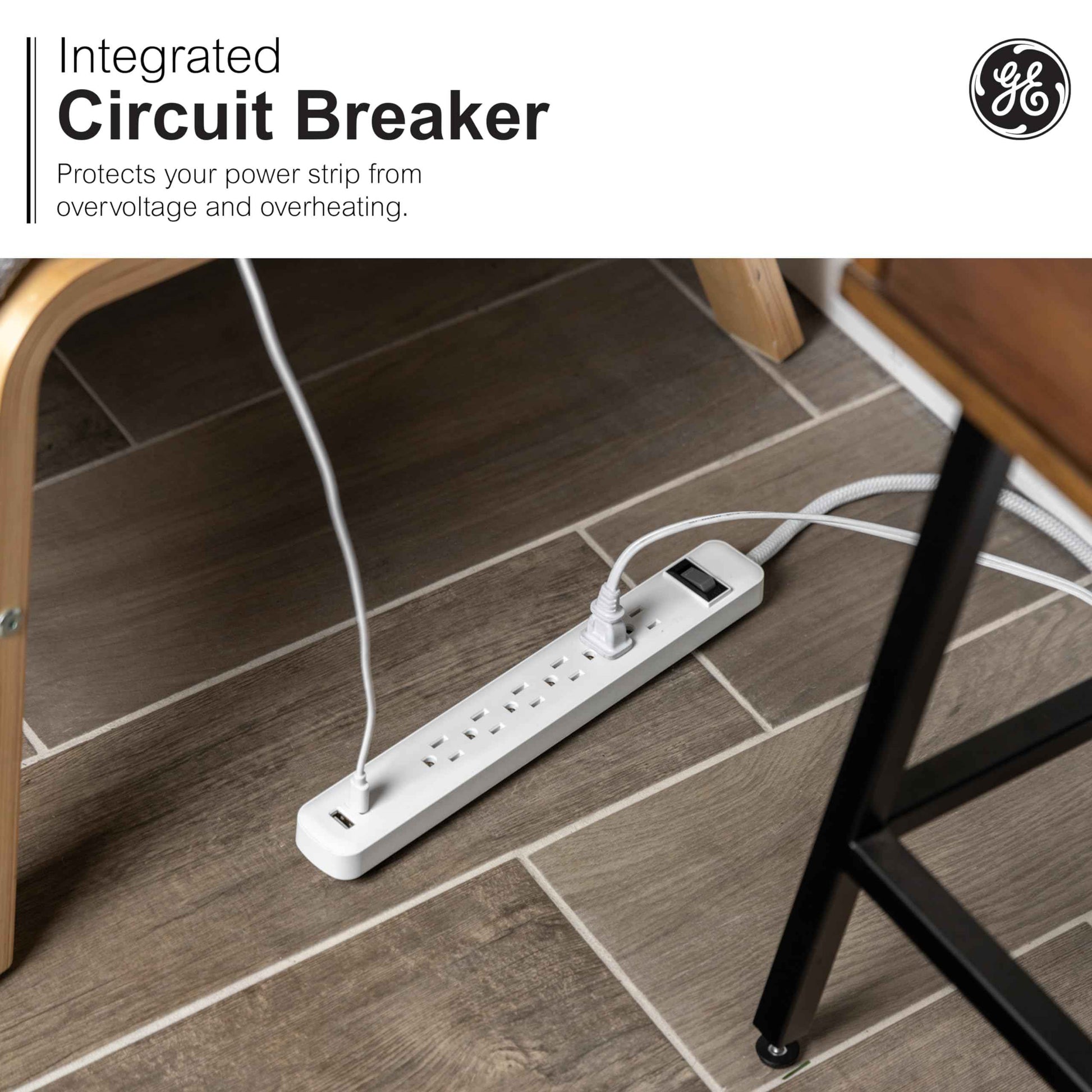 GE 6-Outlet Power Strip with USB, 1 USB-A & 1 USB-C, Outlet Extender, 6 Ft Braided Extension Cord, Flat Plug, Charging Station, White, 82594