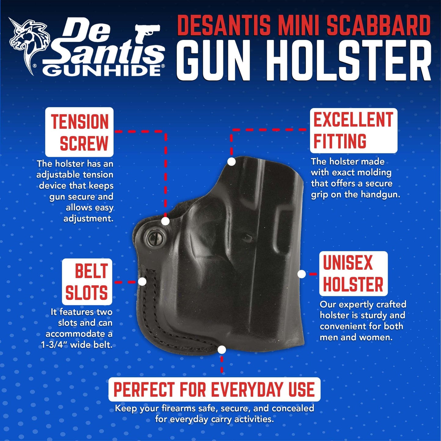 DeSantis Mini Scabbard OWB Leather Holster for Pistols and Revolvers - Open Carry Gun Holster for Men & Women, Quick Draw, Discreet, Compact & Adjustable, Fits 1 3/4" Belt