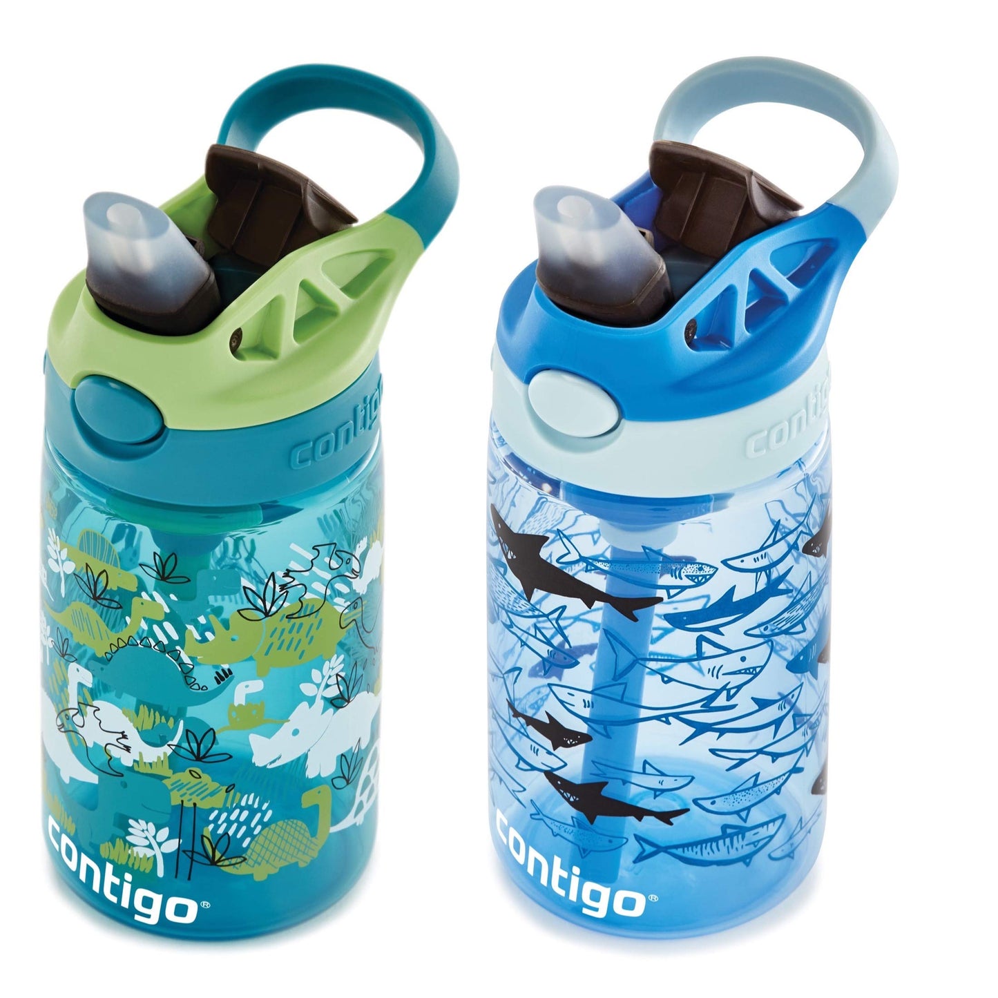 Contigo Aubrey Kids Water Bottle,14oz,Dinos & Sharks,Spill-Proof Lid,Dishwasher Safe,Blue & Green,(Pack of 8)