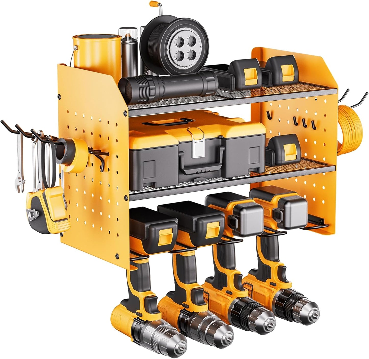 Power Tool Organizer Wall Mount - 3-Layer Charging Station with 8 Outlets & 6 Drill Holders - Efficient Garage Storage Solution (Black)