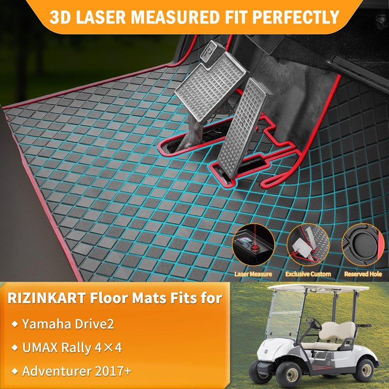 Yamaha Drive2 Rubber Floor Mat,Upgraded Non-Slip Full Coverage Liner Mat Fits Yamaha Drive 2(2017-2024) & UMAX Rally 4x4, Adventurer 2017+, QuieTech 2017+,8MM Thick Heavy Duty Rubber Mat Red Trim