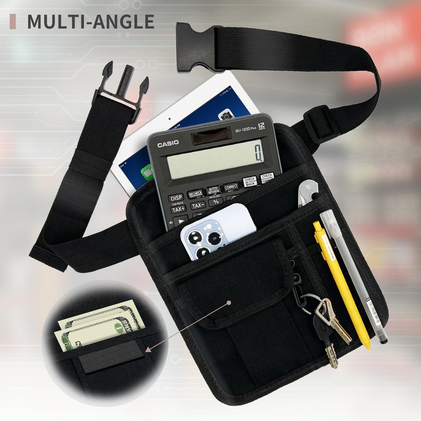 MELINON Restaurant Waiter Waist Money Pouch Bag, Serving Apron, Check Holder with Multiple Pockets, Adjustable Belt for Waitress